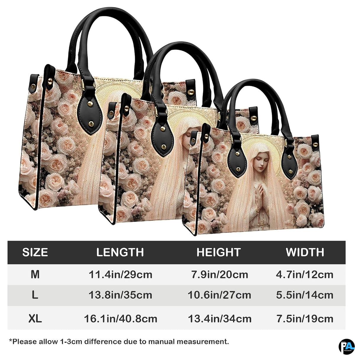 Size specification chart showing M, L, and XL handbag measurements and handle dimensions.