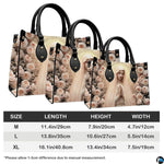 Size specification chart showing M, L, and XL handbag measurements and handle dimensions.