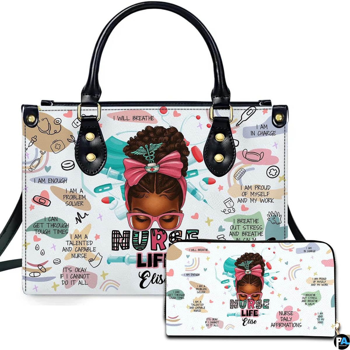 Front view of nurse handbag featuring illustrated medical professional with pink bow and colorful doodles