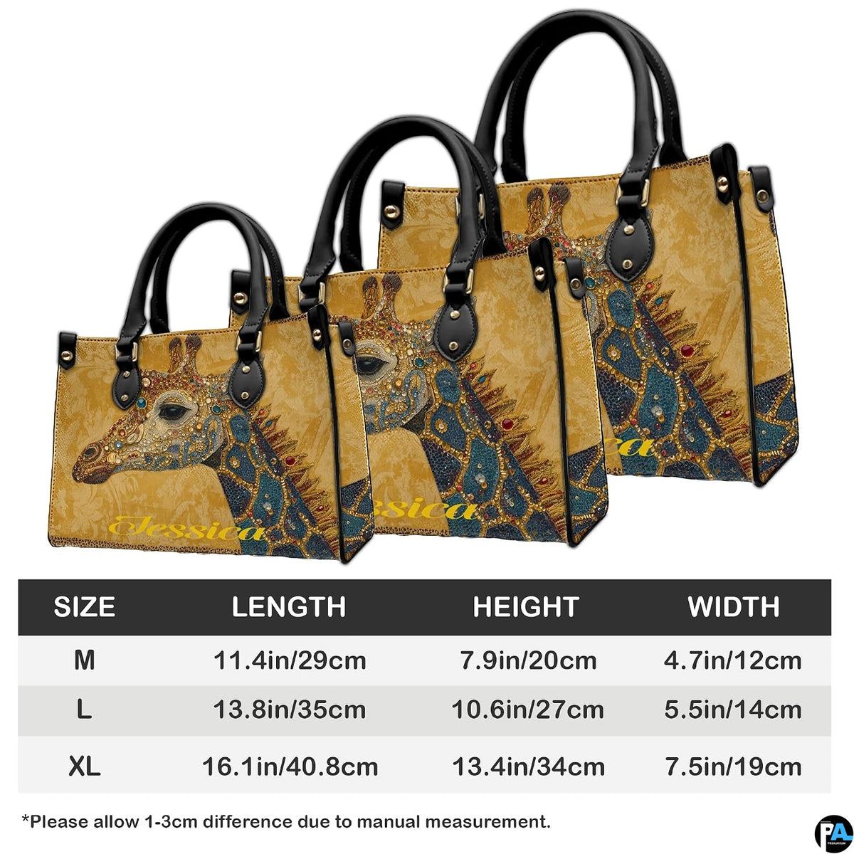 Back view of ornate giraffe handbag showing continuous yellow damask pattern.