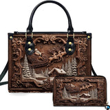 Rustic Wood Carved Santa Sleigh Christmas Handbag and Matching Wallet Set
