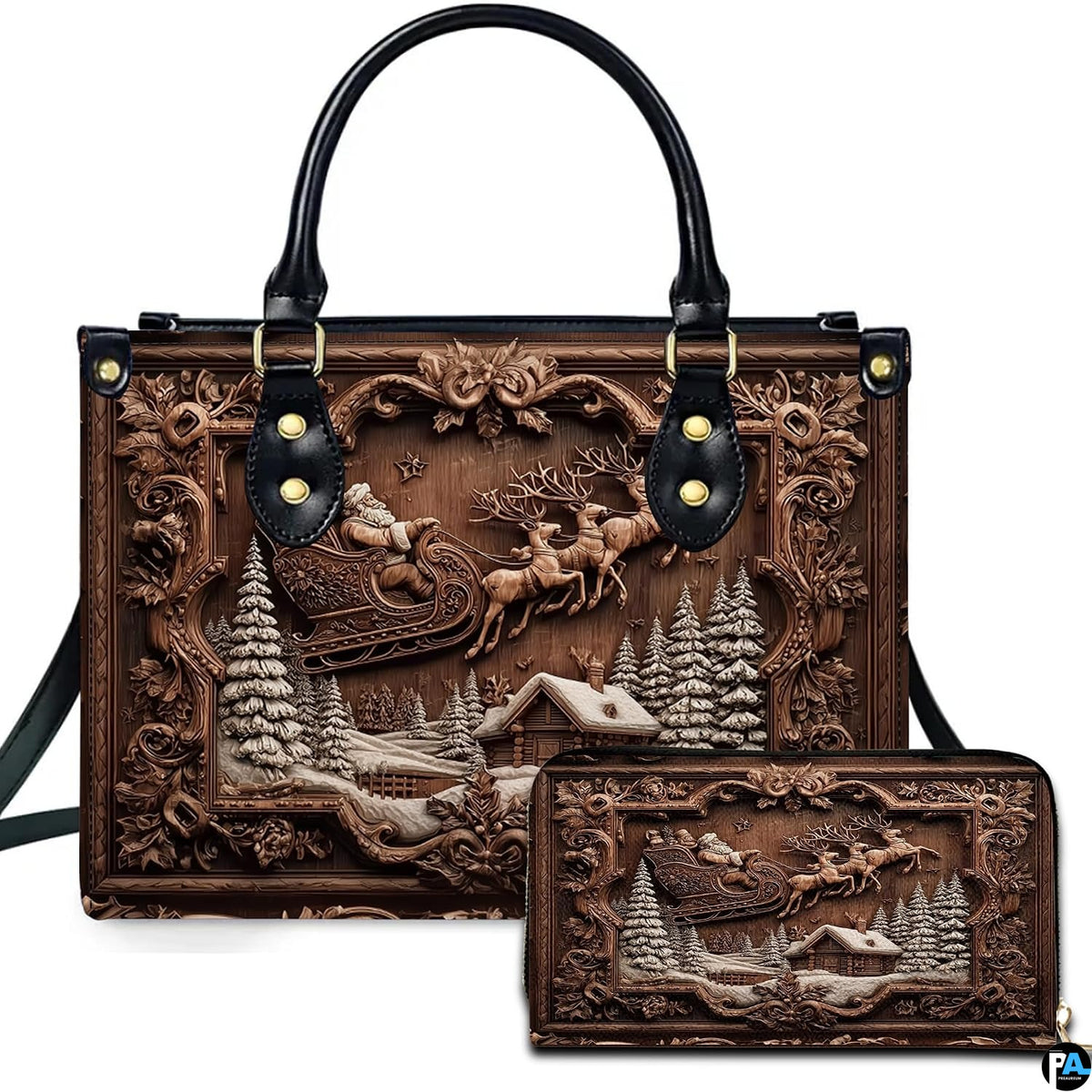 Handbag and matching wallet set featuring faux carved wood relief Santa sleigh and reindeer artwork