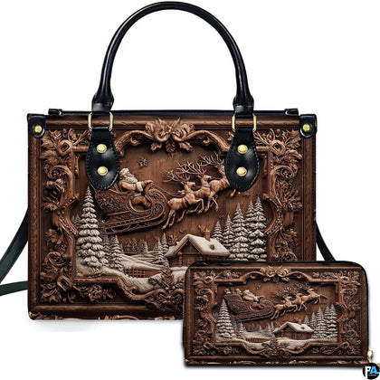 Handbag and matching wallet set featuring faux carved wood relief Santa sleigh and reindeer artwork