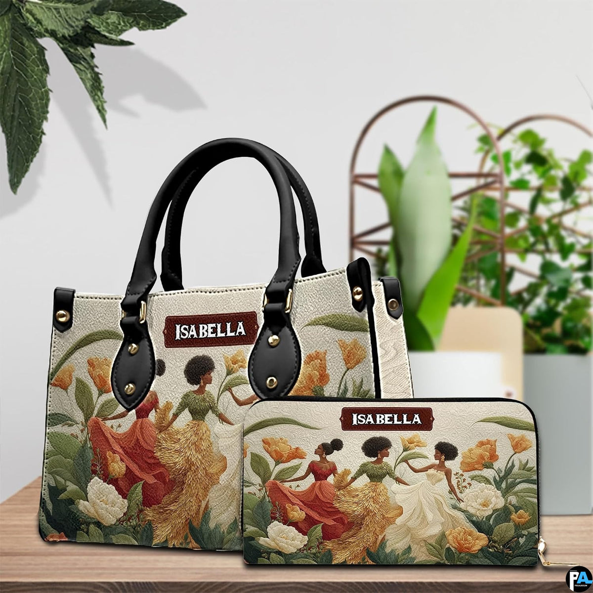 Handbag and matching zip companion wallet displayed together against a botanical background.