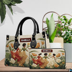 Handbag and matching zip companion wallet displayed together against a botanical background.
