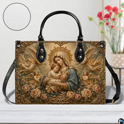 Madonna and angels handbag displayed with circular surface texture zoom inset