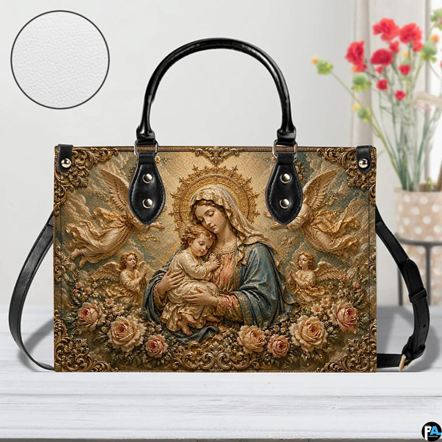 Madonna and angels handbag displayed with circular surface texture zoom inset