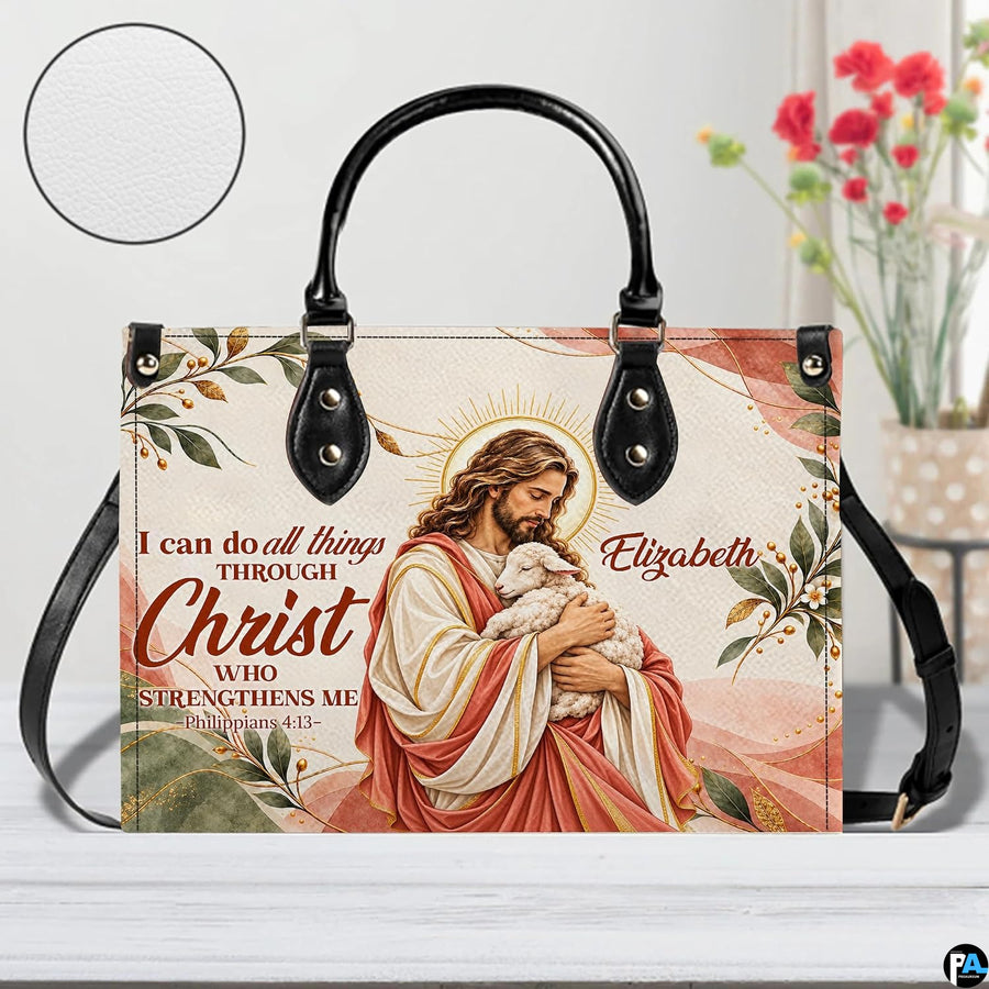 Good Shepherd handbag on white table beside floral bouquet with texture swatch inset.