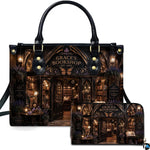 Front view of accessory set featuring gothic bookseller facade, carved moth arch, lavender flowers, and lanterns