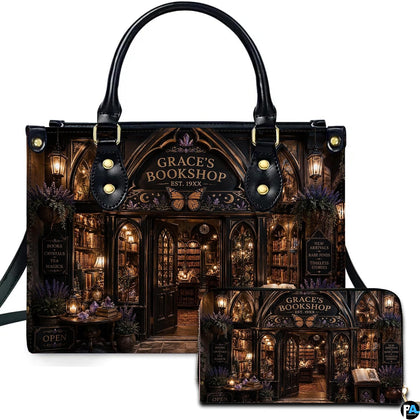 Front view of accessory set featuring gothic bookseller facade, carved moth arch, lavender flowers, and lanterns
