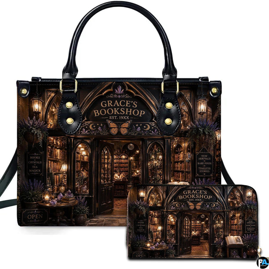 Front view of accessory set featuring gothic bookseller facade, carved moth arch, lavender flowers, and lanterns