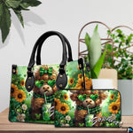 Indoor wooden tabletop display of green clover Highland cow design alongside potted foliage