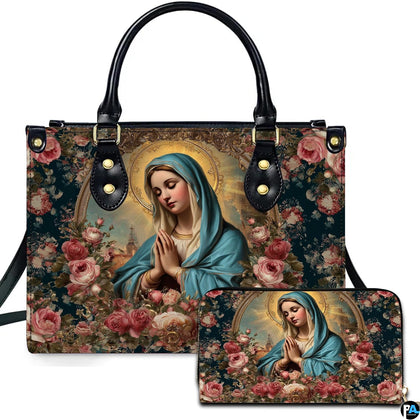 Praying Virgin Mary in blue mantle with gold arch and rose wreath on handbag and wallet set