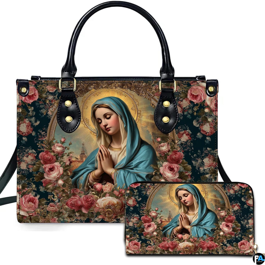 Praying Virgin Mary in blue mantle with gold arch and rose wreath on handbag and wallet set