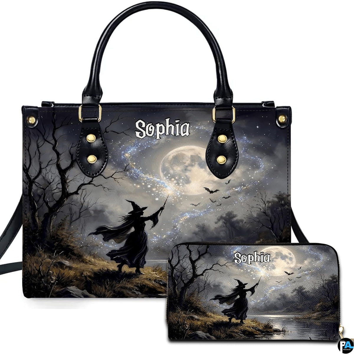 Witch casting spell art depicting a sorceress and glowing full moon presented across an accessory pairing.