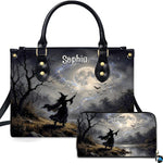 Witch casting spell art depicting a sorceress and glowing full moon presented across an accessory pairing.