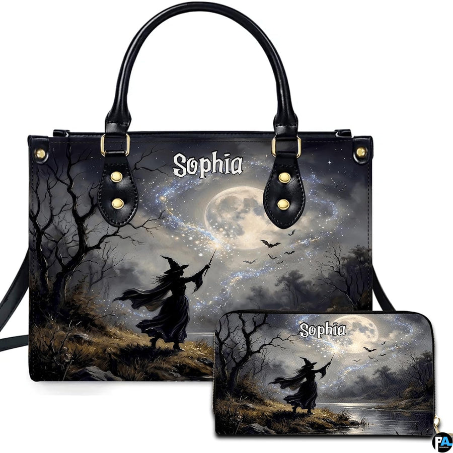 Witch casting spell art depicting a sorceress and glowing full moon presented across an accessory pairing.
