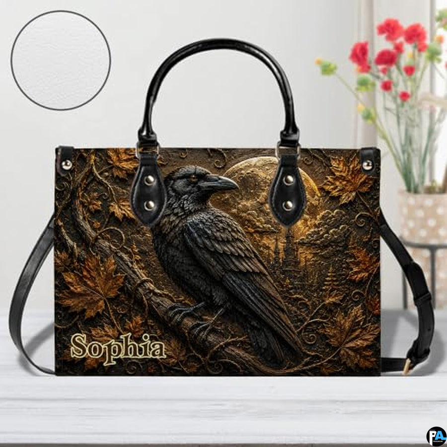 Personalized Halloween Gothic Leather Handbag Custom Raven Black Cat Purse Dark Fantasy Shoulder Bag Gift for Women