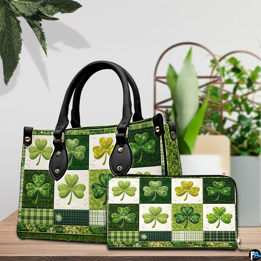Green clover handbag with coordinated wallet displayed on a tabletop