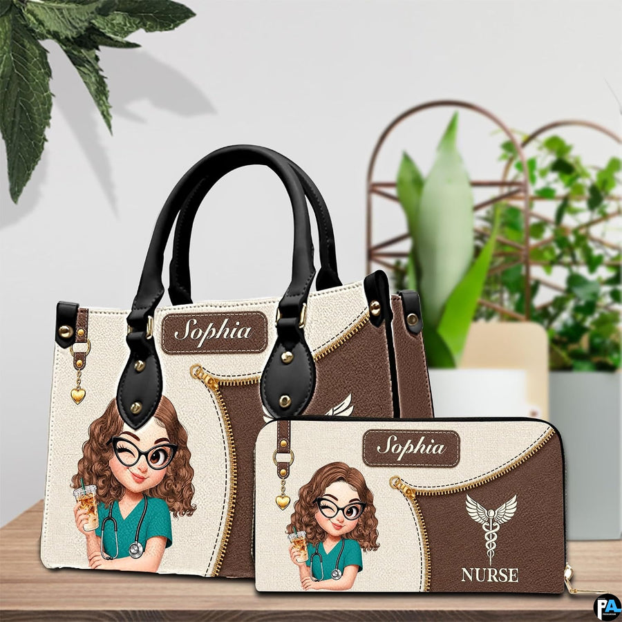 Chibi nurse mocha handbag and matching wallet set placed on tabletop beside greenery.