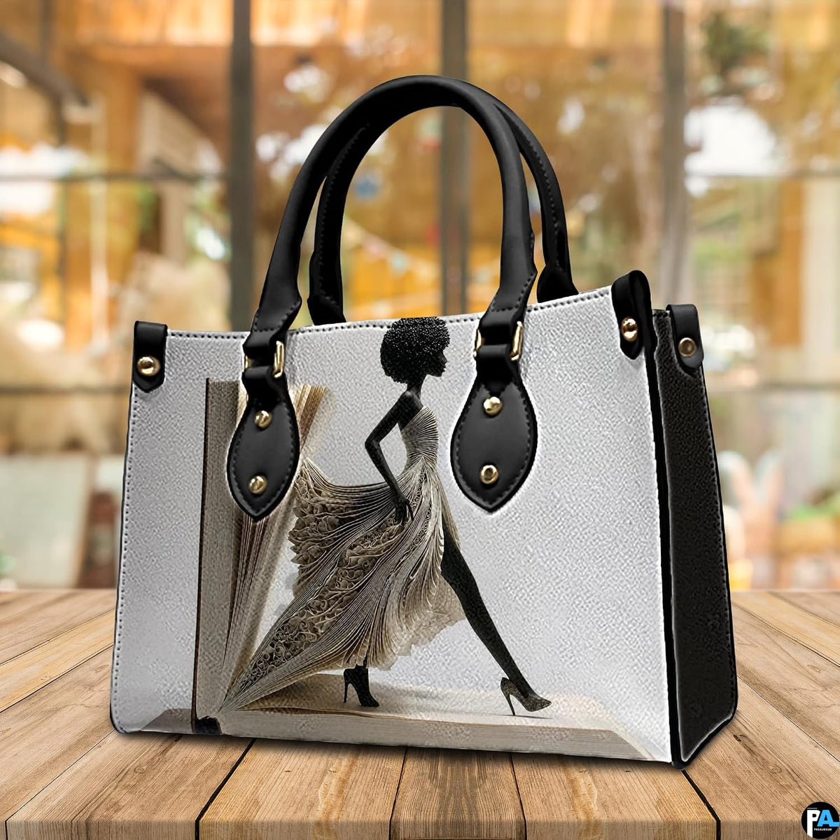 Angled book page dress handbag with afro silhouette and heels