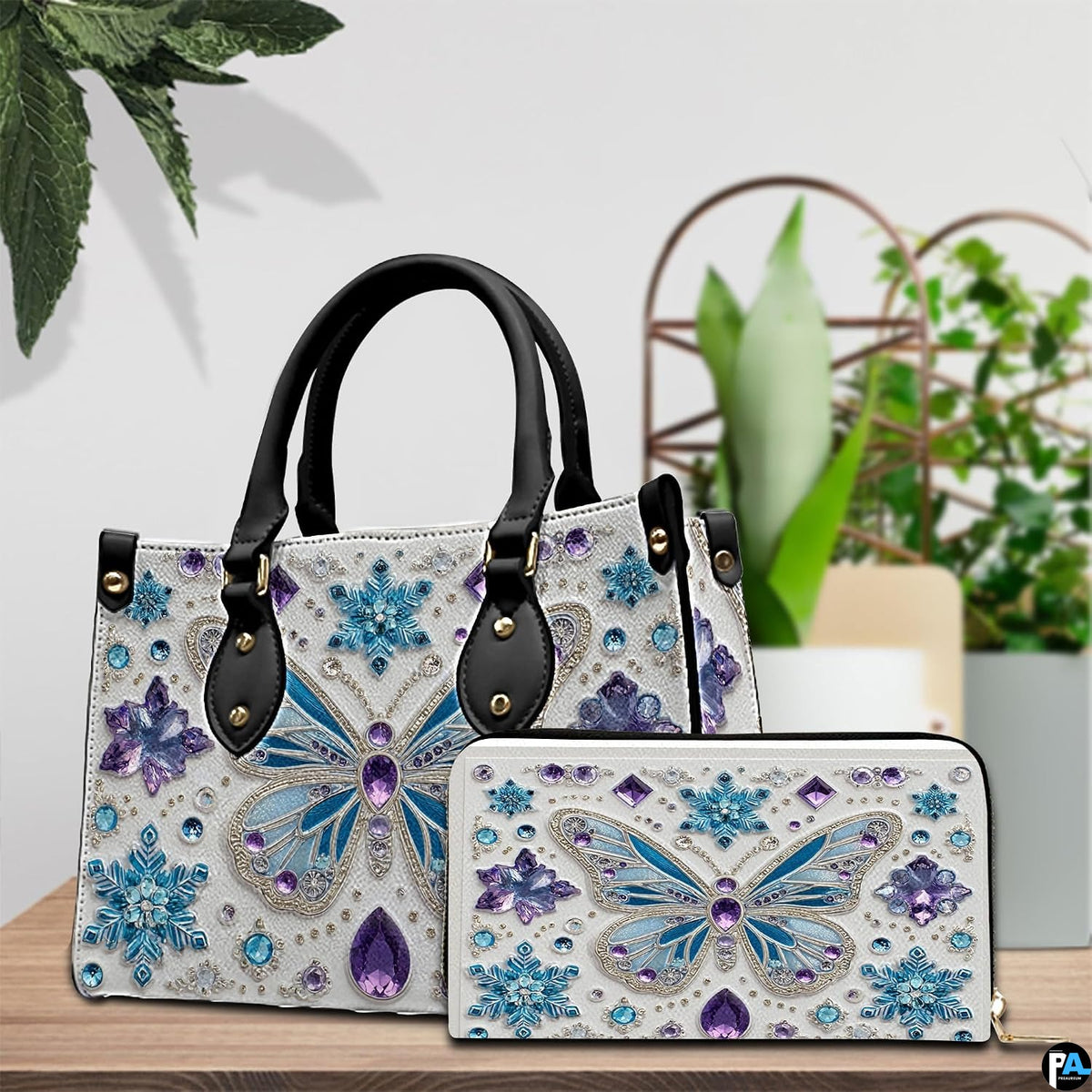 Back view of butterfly handbag displaying continuous light background with crystal snowflake detailing.
