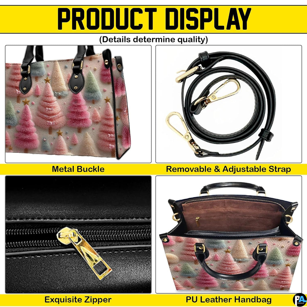 Feature overview highlighting pastel pink and mint holiday evergreen tree motifs