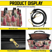 Feature overview highlighting pastel pink and mint holiday evergreen tree motifs