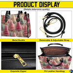 Feature overview highlighting pastel pink and mint holiday evergreen tree motifs