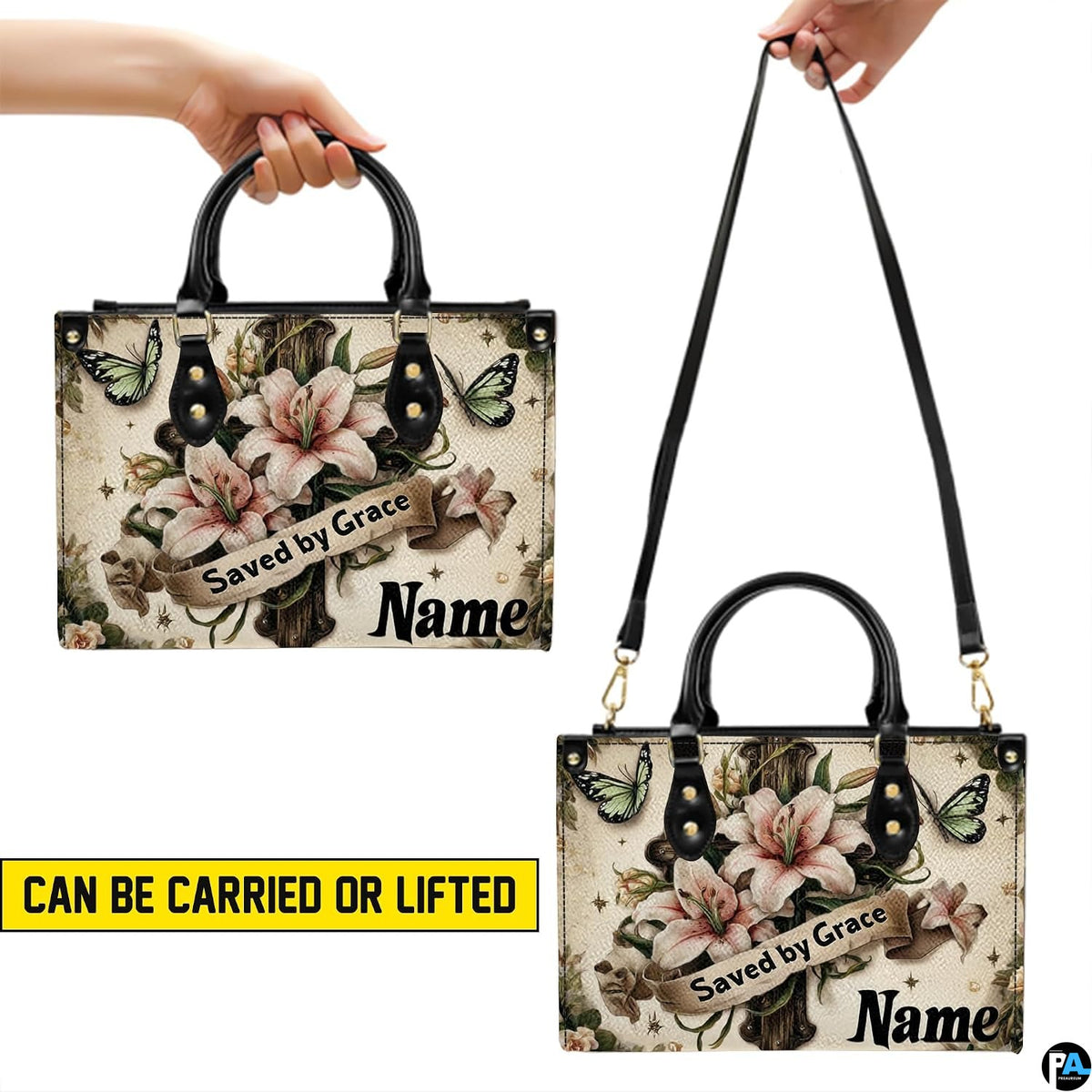 Matching zip wallet displaying coordinated Easter lilies, wooden cross, and ribbon banner.