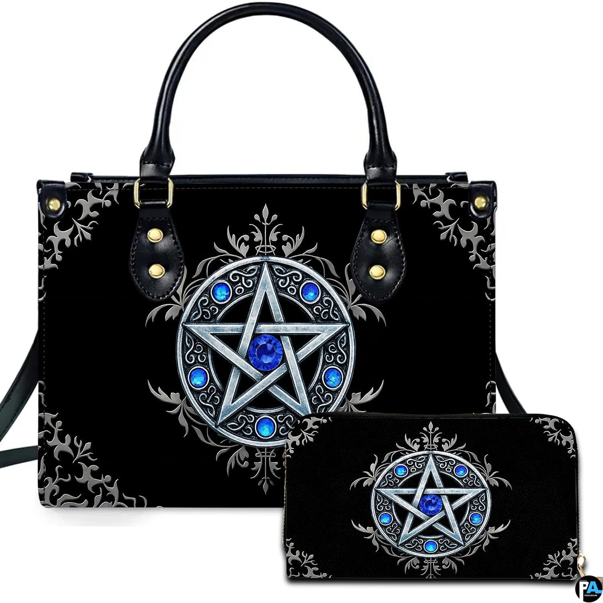 Gothic Wiccan silver pentagram sapphire handbag and matching wallet set on white background.