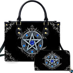 Gothic Wiccan silver pentagram sapphire handbag and matching wallet set on white background.