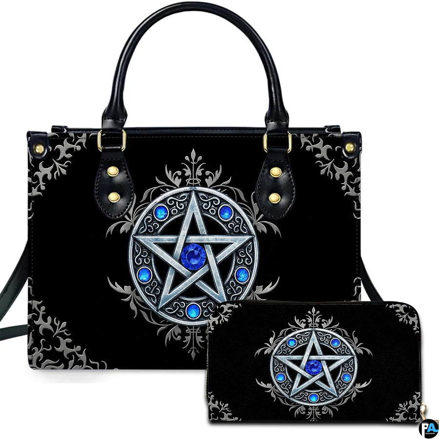 Gothic Wiccan silver pentagram sapphire handbag and matching wallet set on white background.