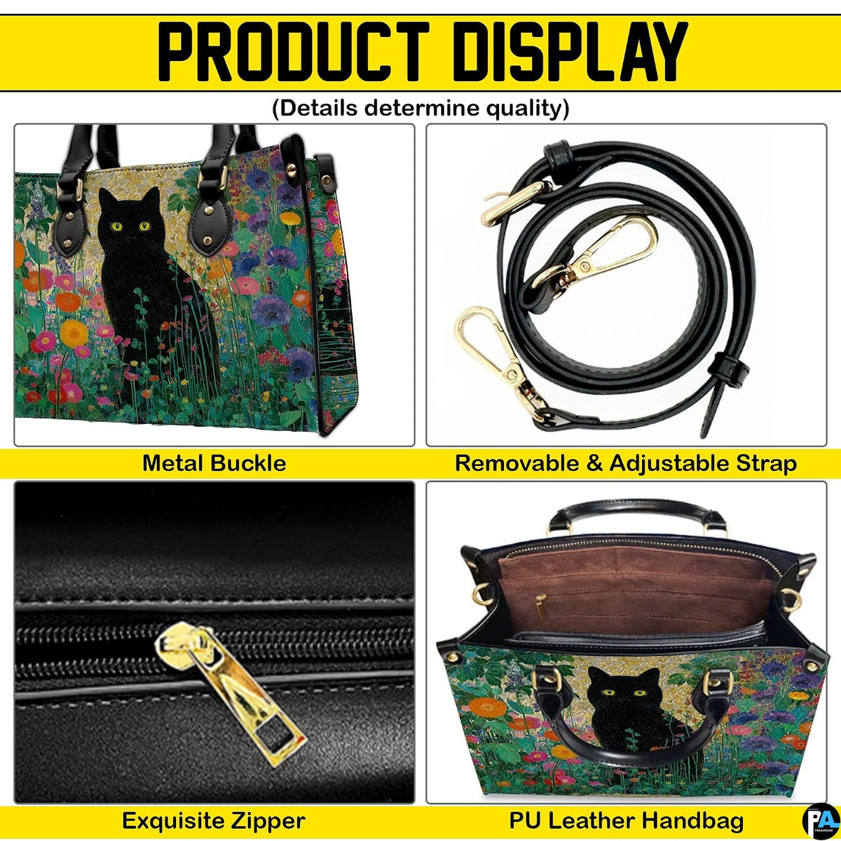 Four-panel layout presenting close-up visual accents of the black cat garden art design.
