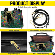 Four-panel layout presenting close-up visual accents of the black cat garden art design.
