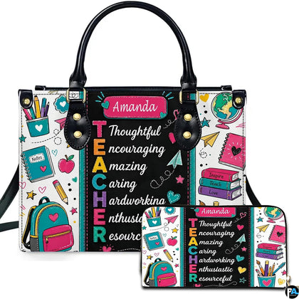 Teacher chalkboard art depicting colorful acrostic lettering and classroom doodles on companion accessories.