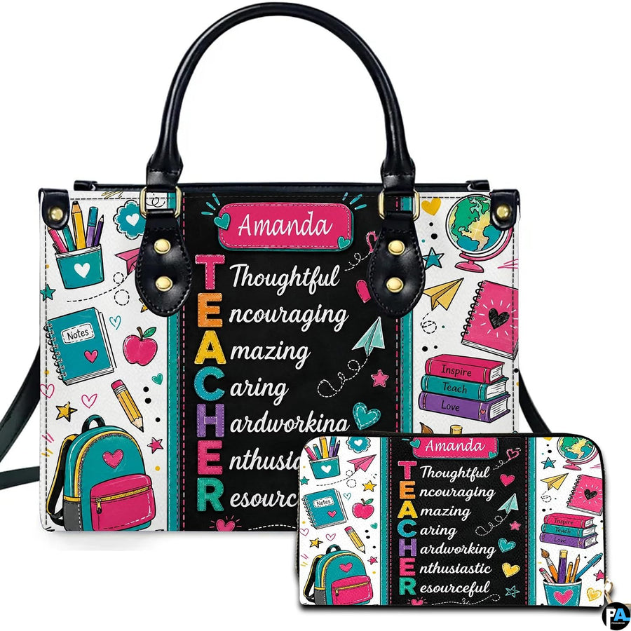 Teacher chalkboard art depicting colorful acrostic lettering and classroom doodles on companion accessories.