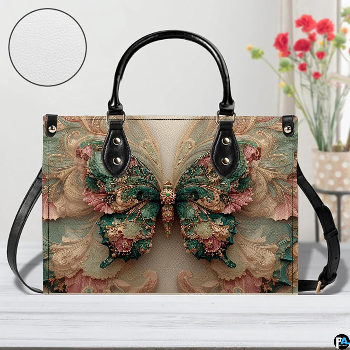 Home lifestyle view of Rococo butterfly handbag on white table beside decorative flowers