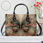 Home lifestyle view of Rococo butterfly handbag on white table beside decorative flowers