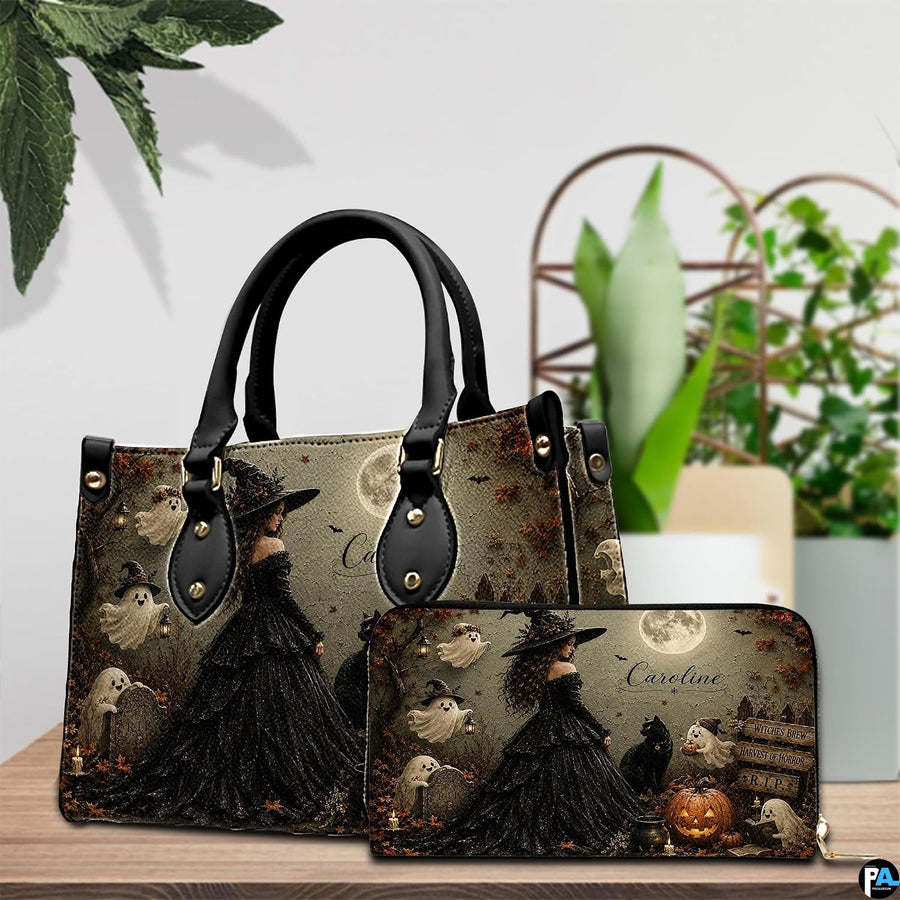 Dark gothic witch art accessory and companion item arranged together on wooden table near indoor potted greenery.