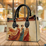 Angled cafe view of the structured African queen handbag resting on a polished wooden surface.