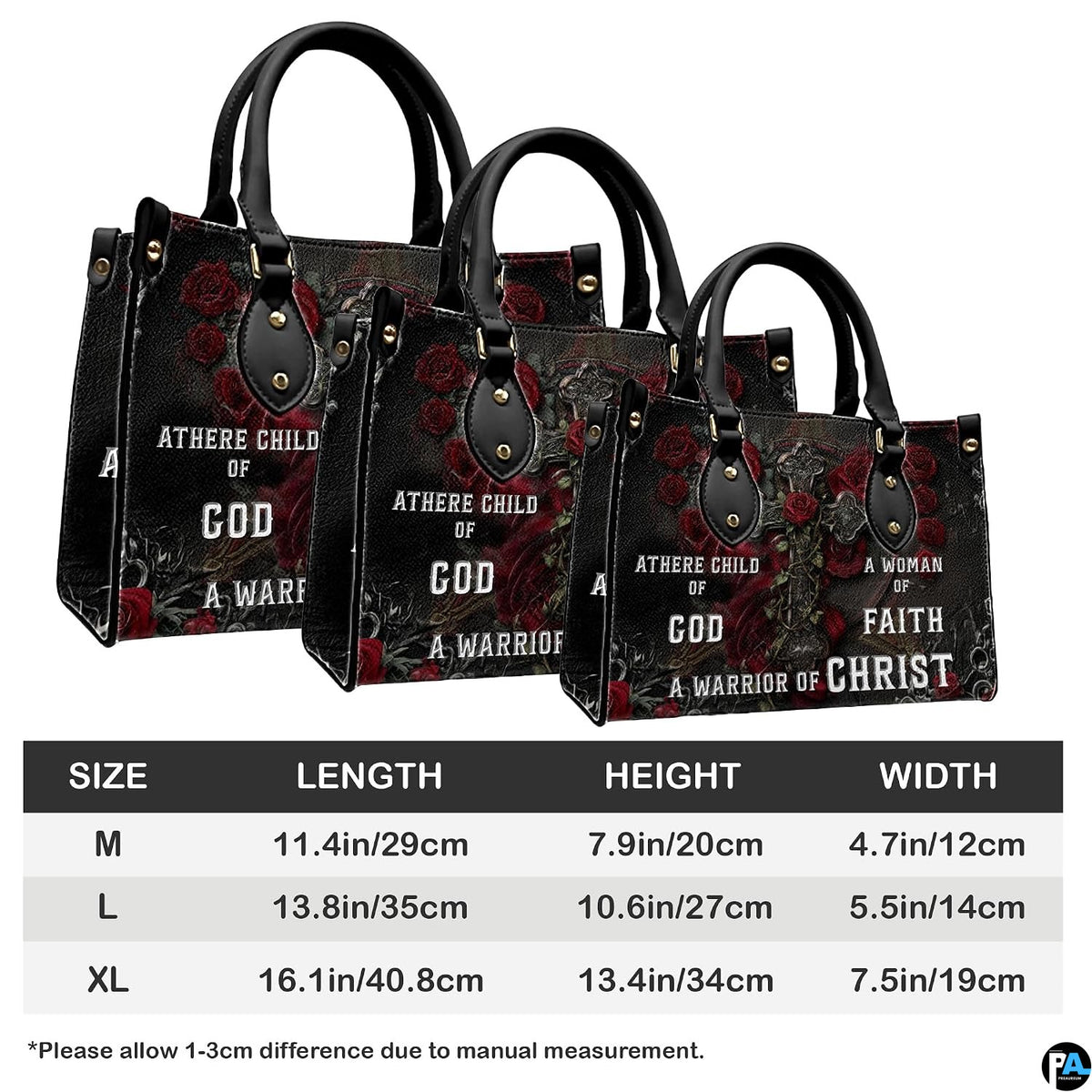 Top-down view of gothic crimson rose cross handbag showing dual carrying handles.
