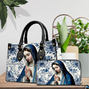 Matching cobalt blue tile Virgin Mary handbag and wallet set shown side by side.