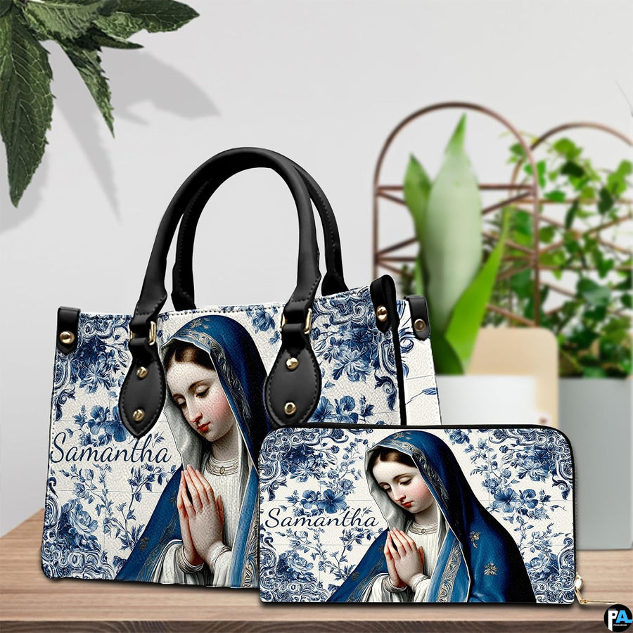 Matching cobalt blue tile Virgin Mary handbag and wallet set shown side by side.