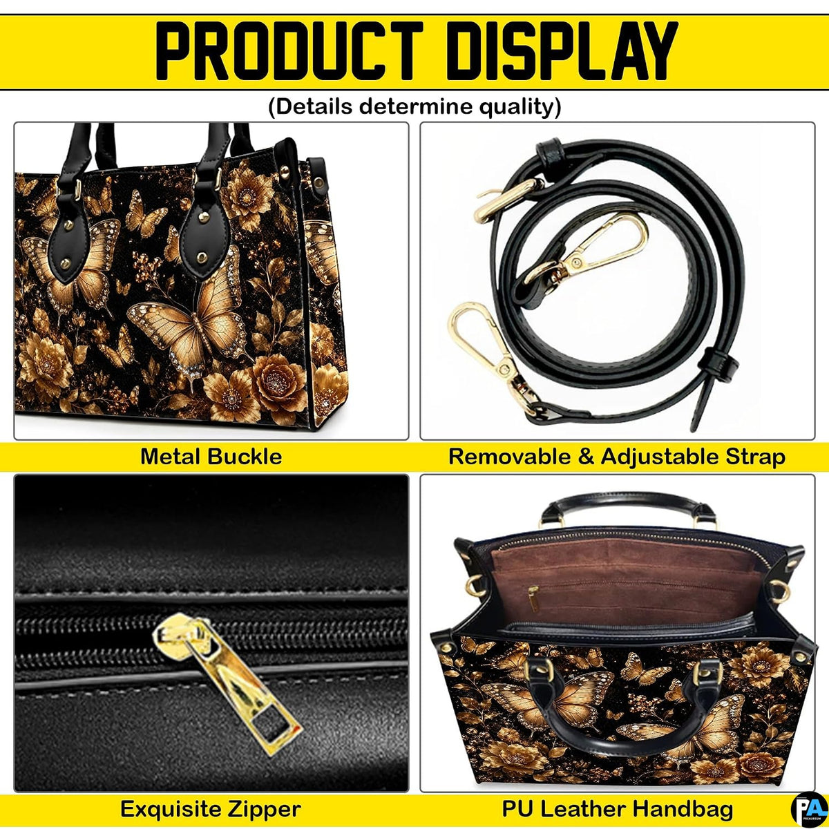 Four panel graphic illustrating dimensional closeups of golden botanical flourishes and butterfly motifs.