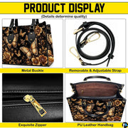 Four panel graphic illustrating dimensional closeups of golden botanical flourishes and butterfly motifs.