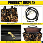 Four panel graphic illustrating dimensional closeups of golden botanical flourishes and butterfly motifs.