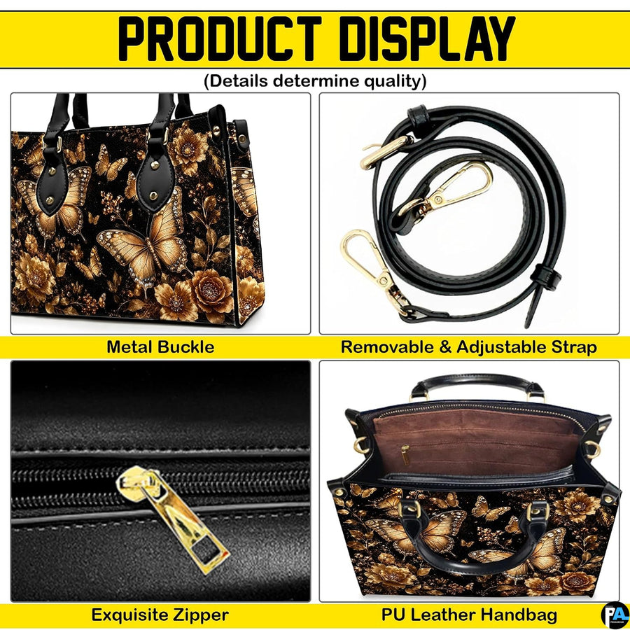 Four panel graphic illustrating dimensional closeups of golden botanical flourishes and butterfly motifs.
