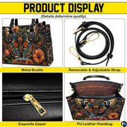 Interior view of open tote handbag showing inner compartments