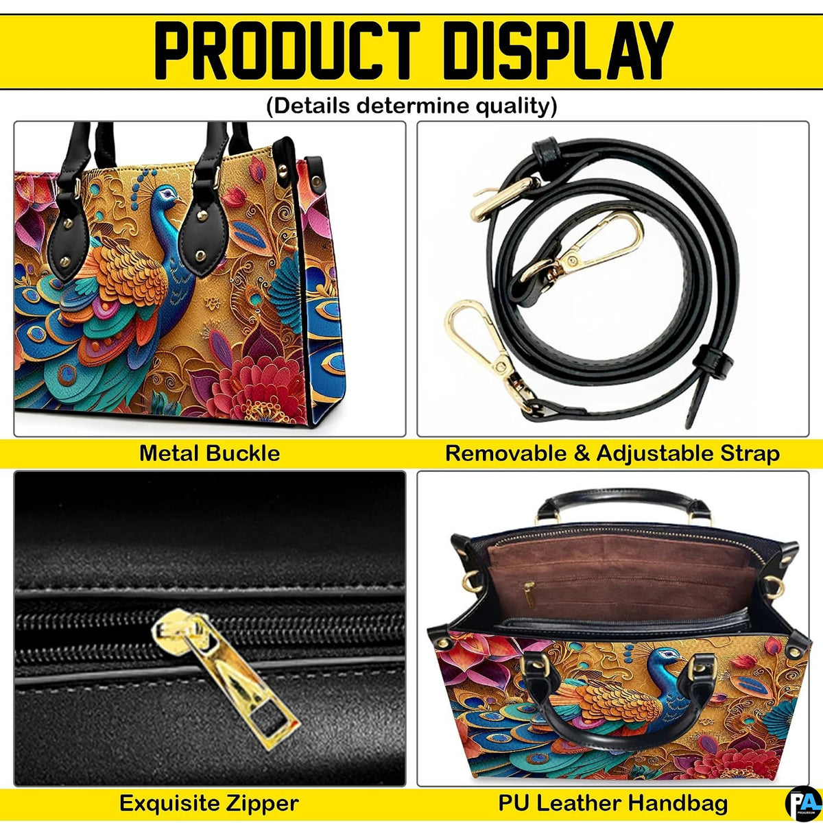 Peacock handbag feature collage with strap, zipper and interior views
